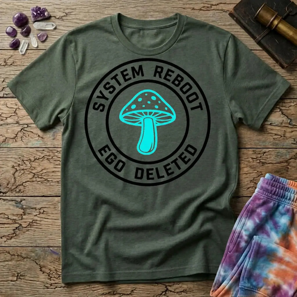 System Reboot Ego Deleted circular badge with a turquoise mushroom at its center, on a Military Green unisex t-shirt