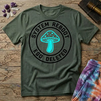 System Reboot Ego Deleted circular badge with a turquoise mushroom at its center, on a Military Green unisex t-shirt