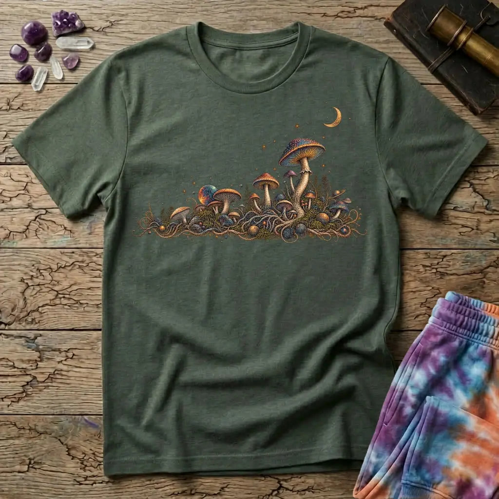 Horizon of iridescent mushrooms and tangled roots under a crescent moon, on a Military Green unisex t-shirt