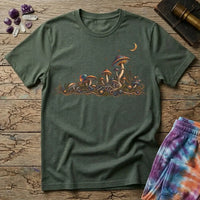 Horizon of iridescent mushrooms and tangled roots under a crescent moon, on a Military Green unisex t-shirt