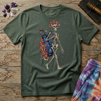 Skeleton carrying a navy golf bag with red amanita mushrooms sprouting from the clubs and skull, on a Military Green unisex t-shirt