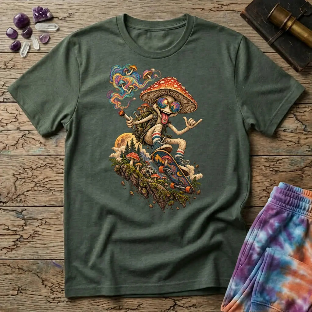 A sunglasses-wearing mushroom riding a skateboard past pines and a full moon, on a Military Green unisex t-shirt