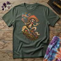 A sunglasses-wearing mushroom riding a skateboard past pines and a full moon, on a Military Green unisex t-shirt