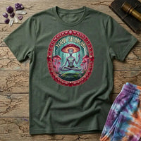 Your Shaman meditating mushroom figure inside a ruby and gold frame, on a Military Green unisex t-shirt