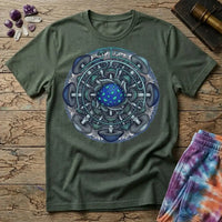 Circular blue and teal mushroom mandala ringed with mycelium threads, on a Military Green unisex t-shirt
