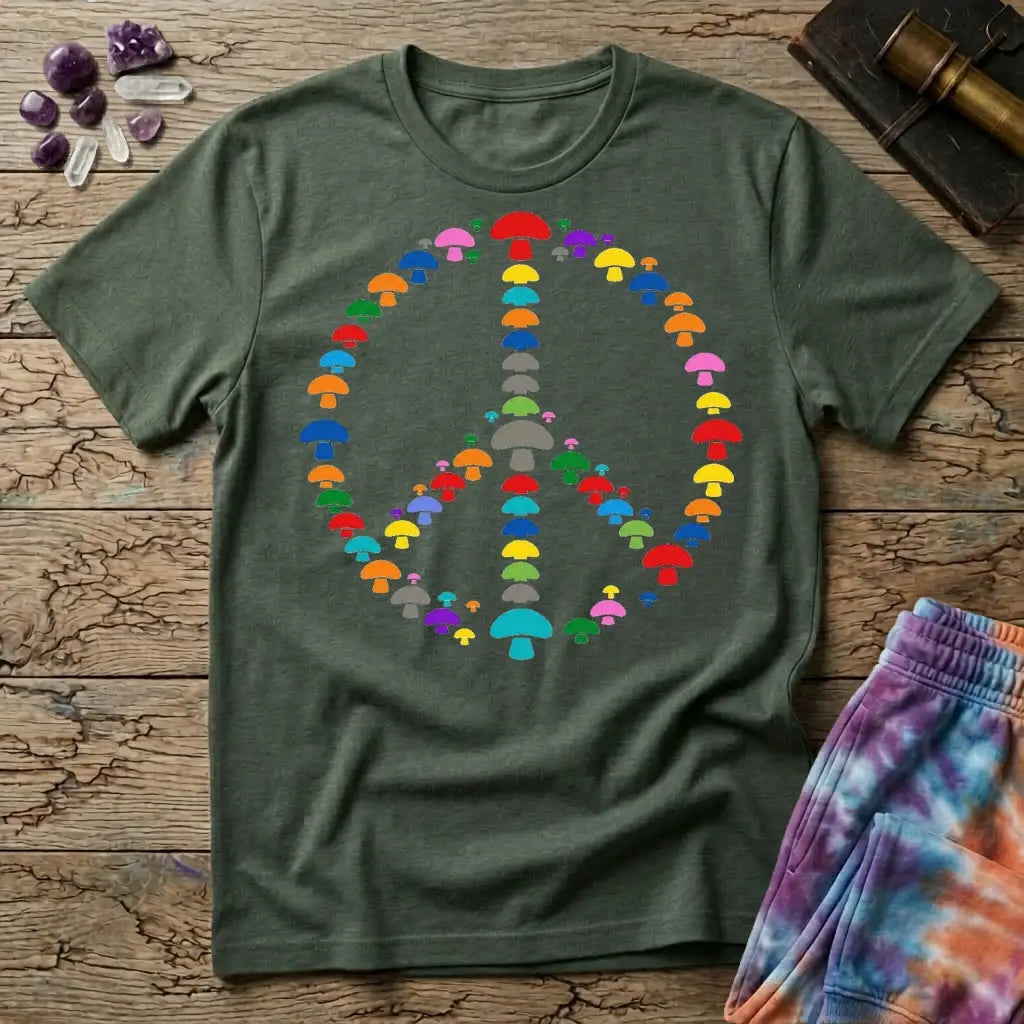 A peace sign made of small rainbow mushrooms, on a Military Green unisex t-shirt