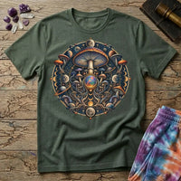 Cosmic mushroom mandala of moon phases, ringed planets and an opal orb, on a Military Green unisex t-shirt