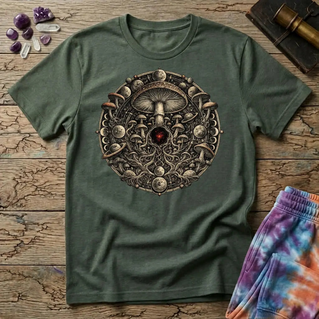Ornate mushroom mandala ringed with moon phases and planets around a glowing red gem, on a Military Green unisex t-shirt