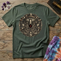 Ornate mushroom mandala ringed with moon phases and planets around a glowing red gem, on a Military Green unisex t-shirt