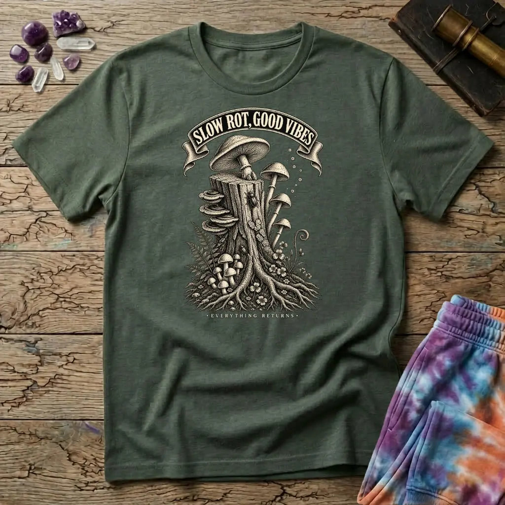 Slow Rot Good Vibes banner over an engraved stump crowded with bracket fungi and ferns, on a Military Green unisex t-shirt