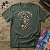 Slow Rot Good Vibes banner over an engraved stump crowded with bracket fungi and ferns, on a Military Green unisex t-shirt