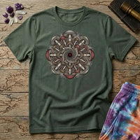 Symmetrical mandala of mirrored mushroom caps and root threads around a deep red center, on a Military Green unisex t-shirt