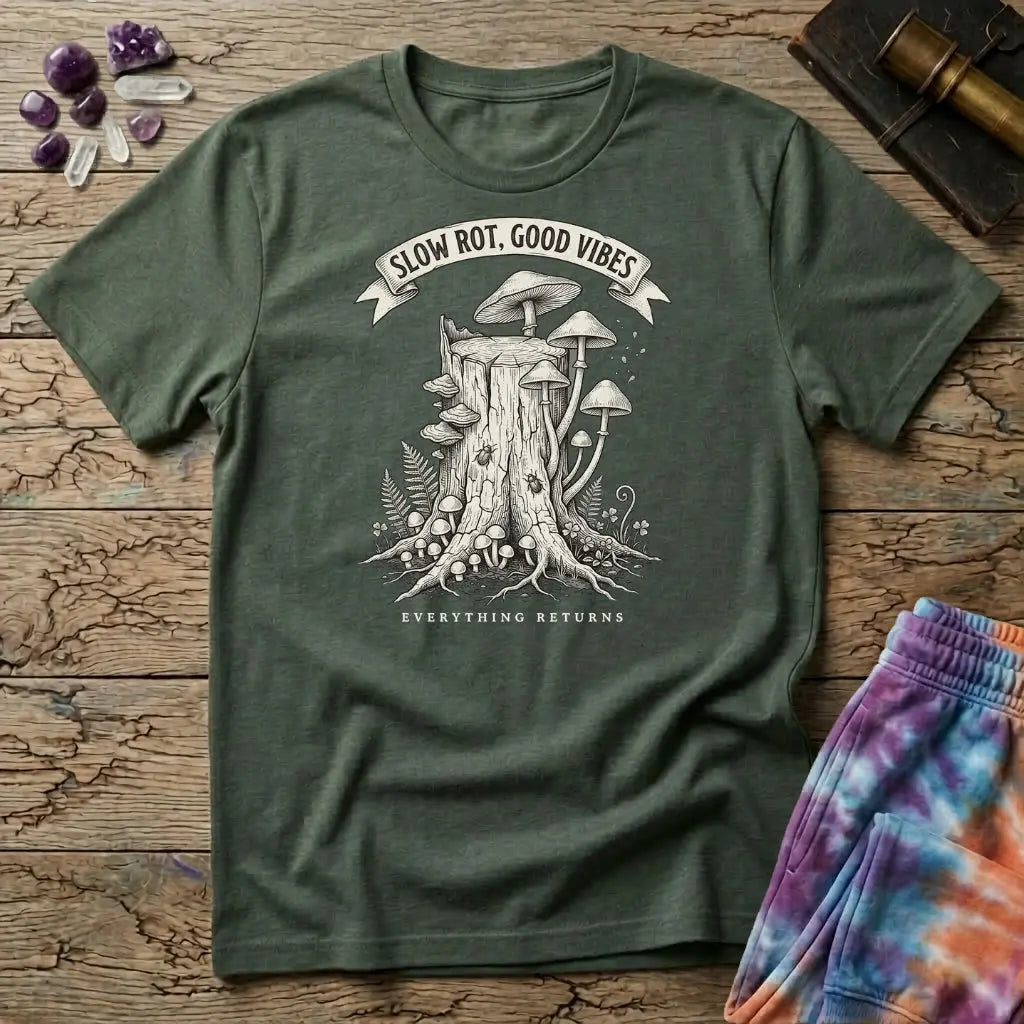 Slow Rot Good Vibes banner over an engraved stump crowded with bracket fungi, on a Military Green unisex t-shirt