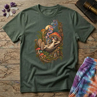 Mushroom character in round rainbow sunglasses relaxing in a hammock under a pine-lined moon, on a Military Green unisex t-shirt