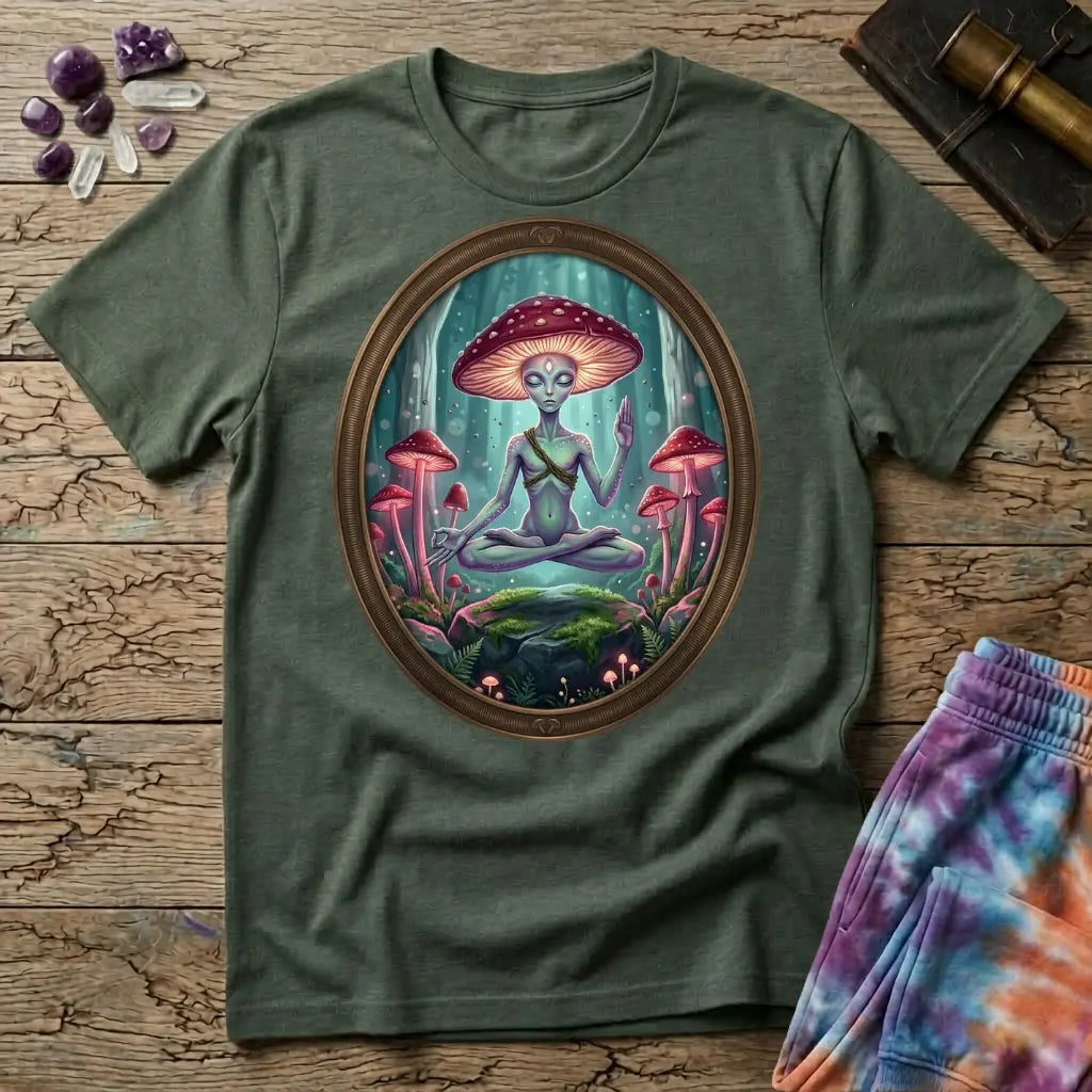 A mushroom-capped alien meditating on a mossy rock in an oval forest frame, on a Military Green unisex t-shirt