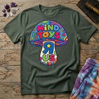 Mind Toys R Us mushroom, a rainbow-capped toadstool lettered Mind Toys with a backwards R and gold star on the stem, on a Military Green unisex t-shirt
