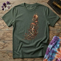 Asymmetric cluster of mushrooms, roots and moss beneath an eclipsed sun, on a Military Green unisex t-shirt