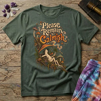 Please Remain Calmish retro lettering above a mushroom-capped character throwing a peace sign, on a Military Green unisex t-shirt