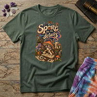 Spore Me the Details lettering above a mushroom character taking notes over spore prints, on a Military Green unisex t-shirt