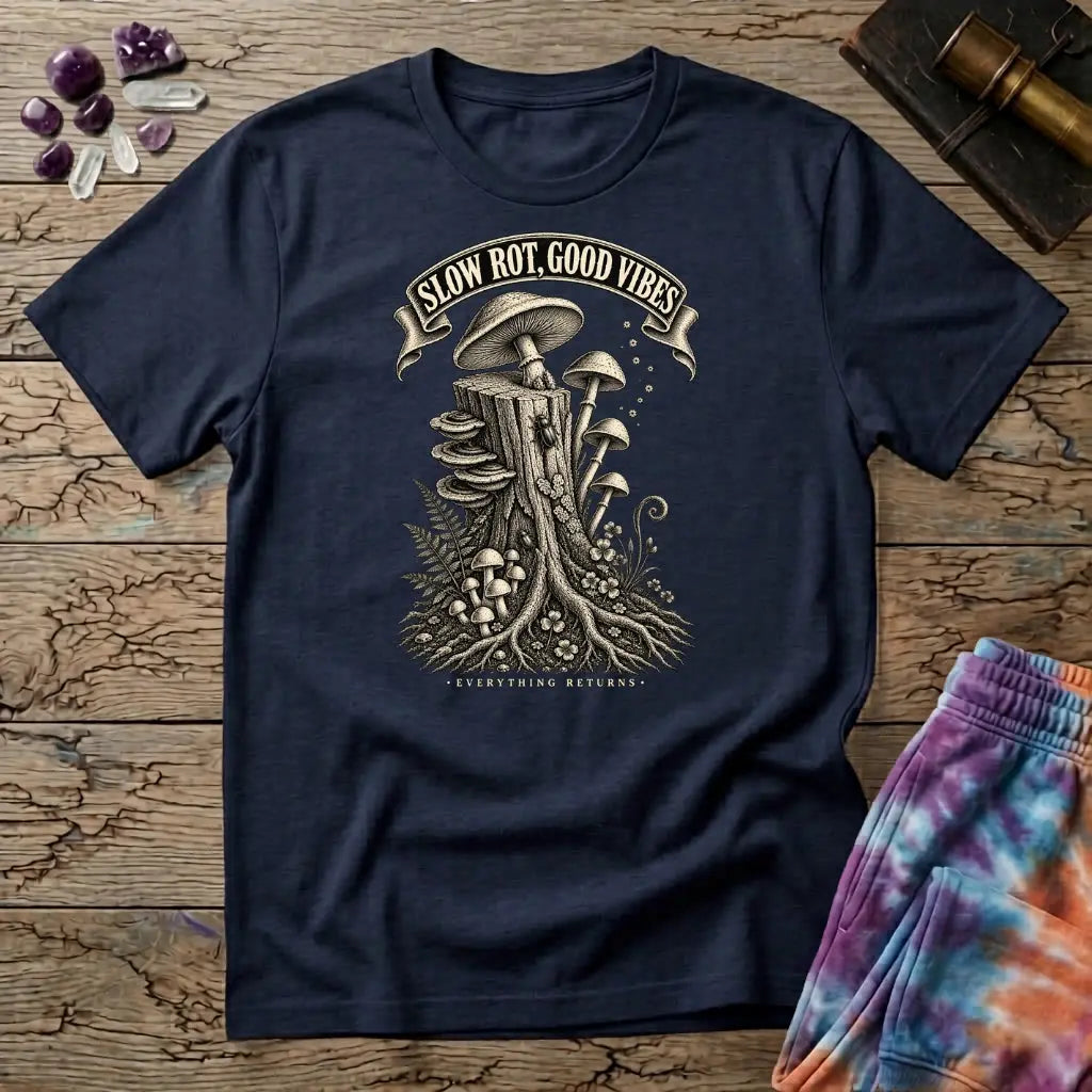 Slow Rot Good Vibes banner over an engraved stump crowded with bracket fungi and ferns, on a Navy unisex t-shirt