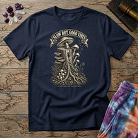Slow Rot Good Vibes banner over an engraved stump crowded with bracket fungi and ferns, on a Navy unisex t-shirt