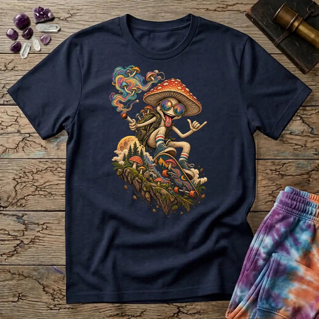 A sunglasses-wearing mushroom riding a skateboard past pines and a full moon, on a Navy unisex t-shirt