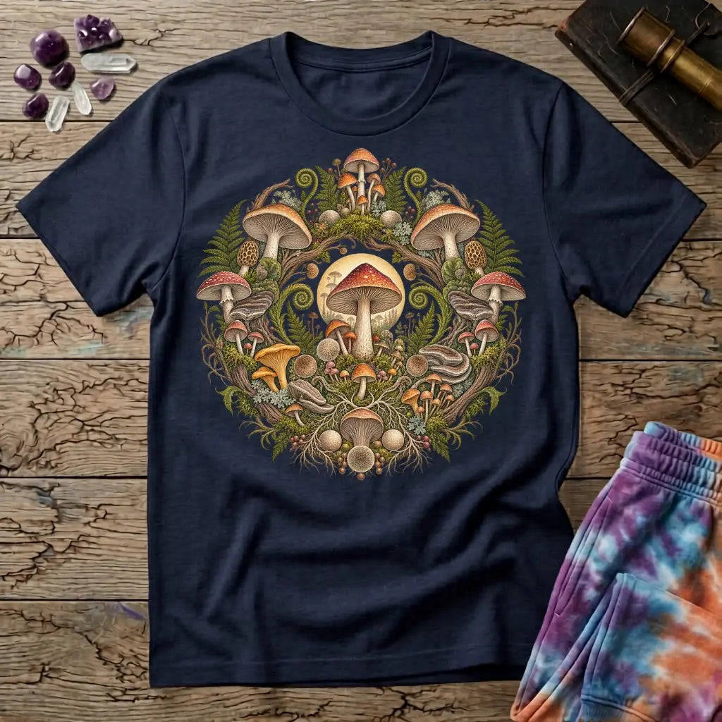 Botanical wreath of amanita, chanterelle and bracket fungi woven with ferns, on a Navy unisex t-shirt