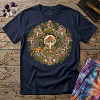 Botanical wreath of amanita, chanterelle and bracket fungi woven with ferns, on a Navy unisex t-shirt
