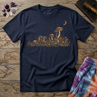 Horizon of iridescent mushrooms and tangled roots under a crescent moon, on a Navy unisex t-shirt