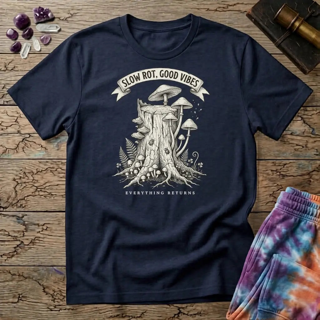 Slow Rot Good Vibes banner over an engraved stump crowded with bracket fungi, on a Navy unisex t-shirt