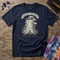 Slow Rot Good Vibes banner over an engraved stump crowded with bracket fungi, on a Navy unisex t-shirt