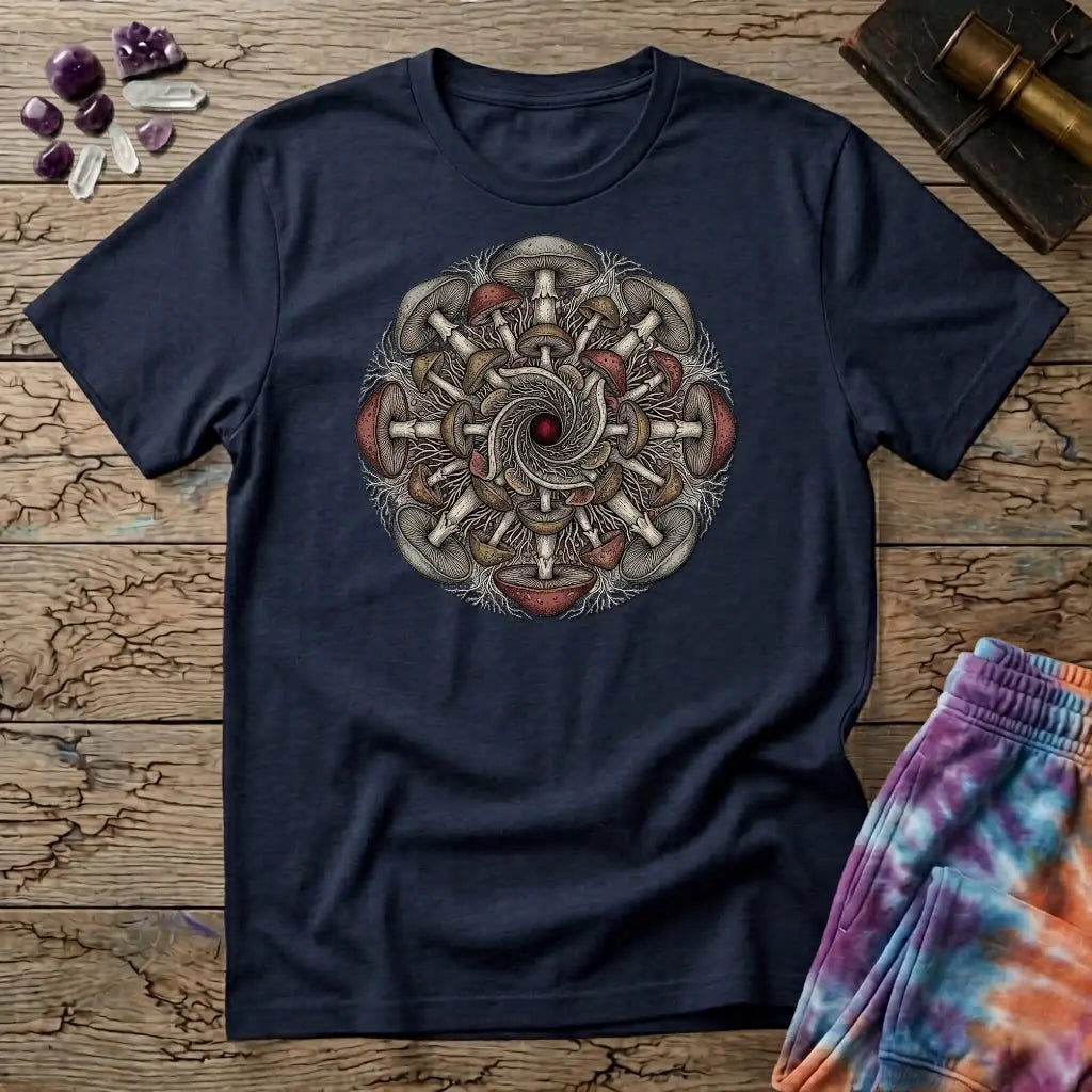 Symmetrical mandala of mirrored mushroom caps and root threads around a deep red center, on a Navy unisex t-shirt
