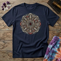 Symmetrical mandala of mirrored mushroom caps and root threads around a deep red center, on a Navy unisex t-shirt