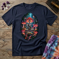 Amanita-crowned figure meditating in a glowing mushroom forest, on a Navy unisex t-shirt