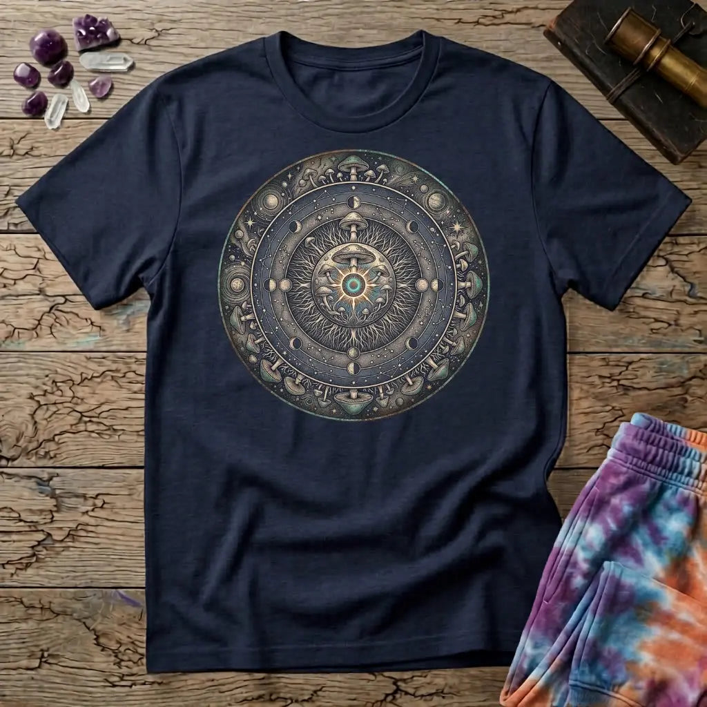 Tarnished bronze medallion of moon phases, constellations and mushroom caps around a glowing eye, on a Navy unisex t-shirt