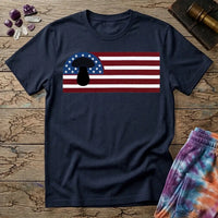 A black mushroom silhouette over an American flag of stars and stripes, on a Navy unisex t-shirt