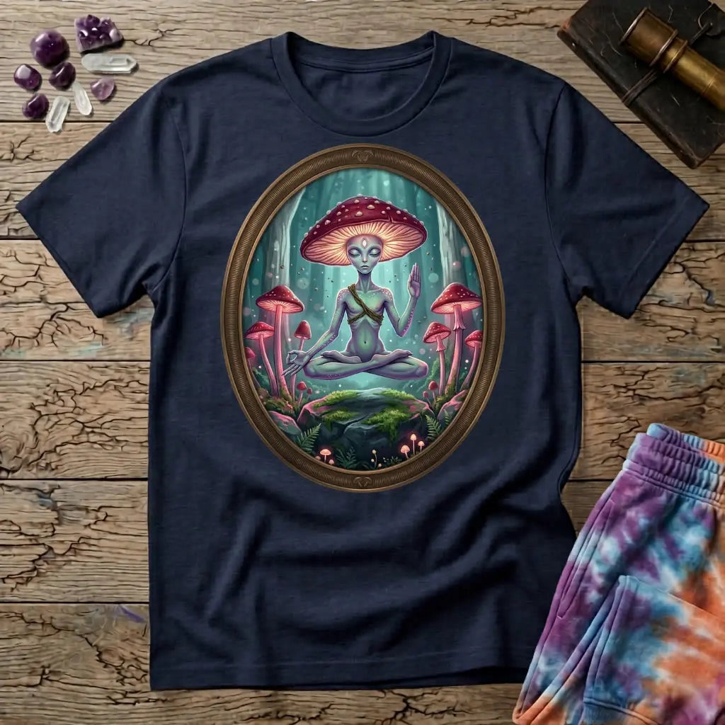 A mushroom-capped alien meditating on a mossy rock in an oval forest frame, on a Navy unisex t-shirt