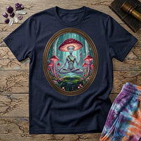 A mushroom-capped alien meditating on a mossy rock in an oval forest frame, on a Navy unisex t-shirt
