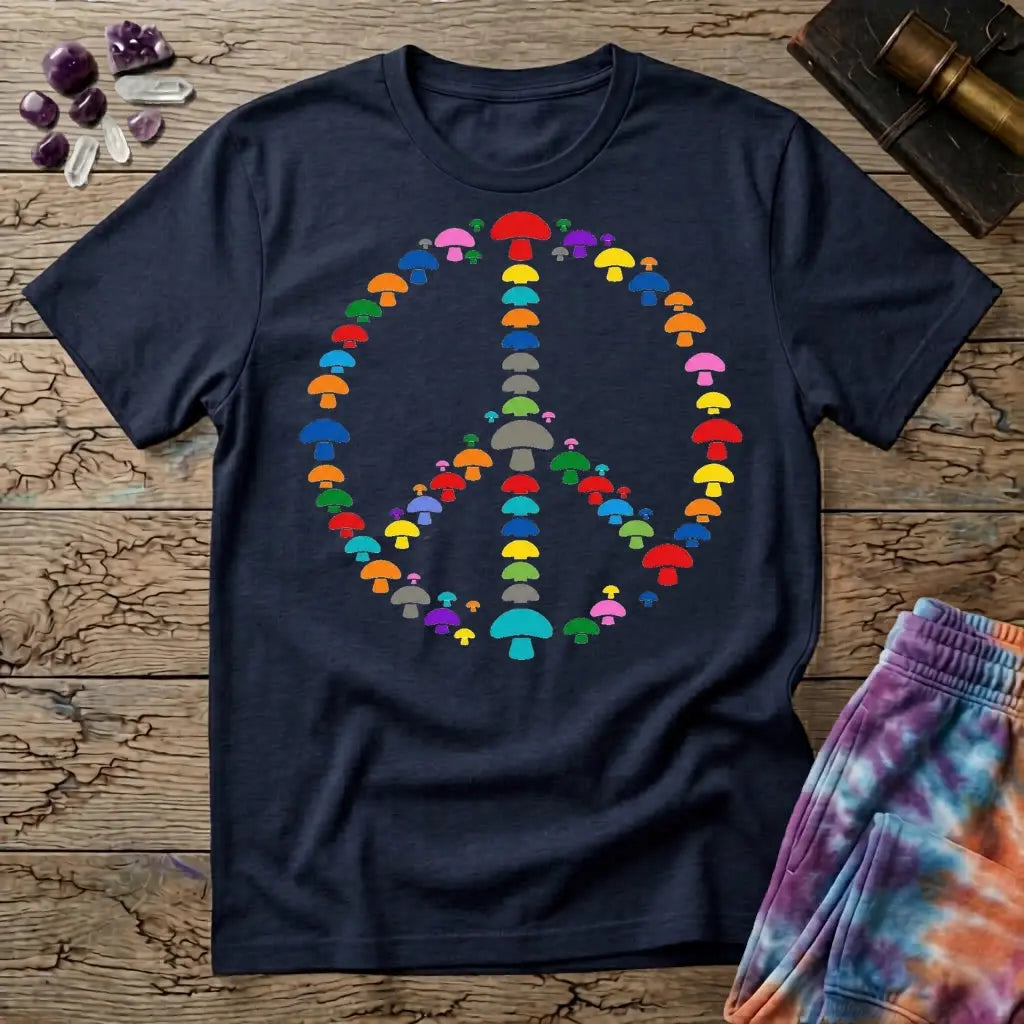 A peace sign made of small rainbow mushrooms, on a Navy unisex t-shirt