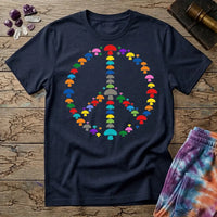 A peace sign made of small rainbow mushrooms, on a Navy unisex t-shirt