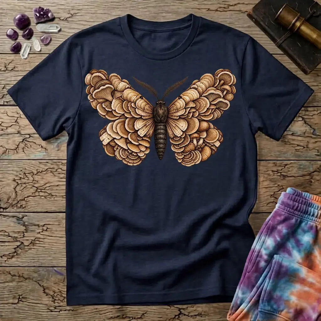 A moth with wings made of layered bracket mushrooms, on a Navy unisex t-shirt