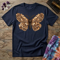 A moth with wings made of layered bracket mushrooms, on a Navy unisex t-shirt