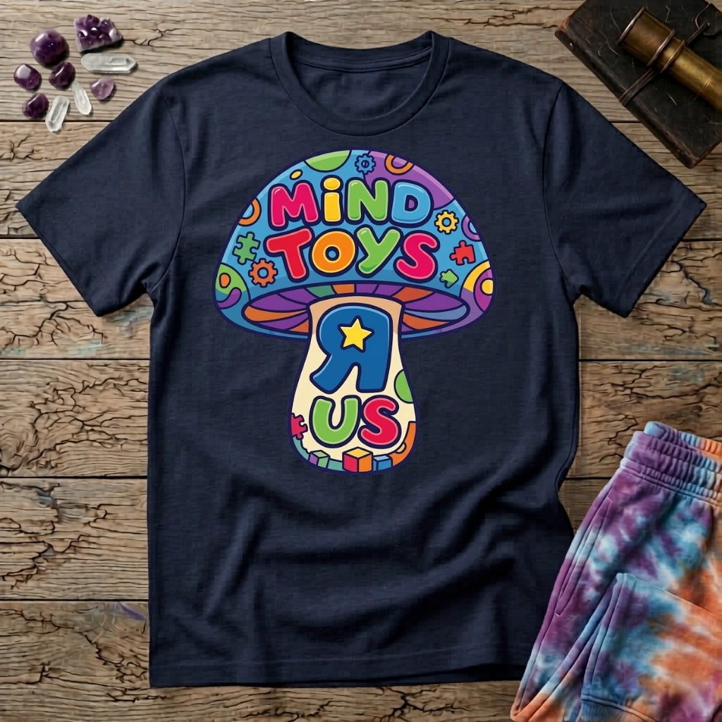 Mind Toys R Us mushroom, a rainbow-capped toadstool lettered Mind Toys with a backwards R and gold star on the stem, on a Navy unisex t-shirt
