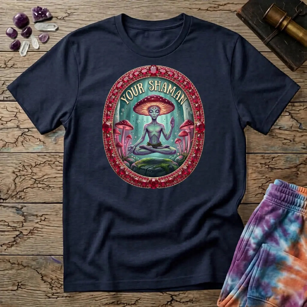 Your Shaman meditating mushroom figure inside a ruby and gold frame, on a Navy unisex t-shirt