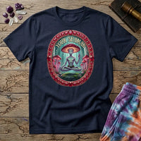 Your Shaman meditating mushroom figure inside a ruby and gold frame, on a Navy unisex t-shirt