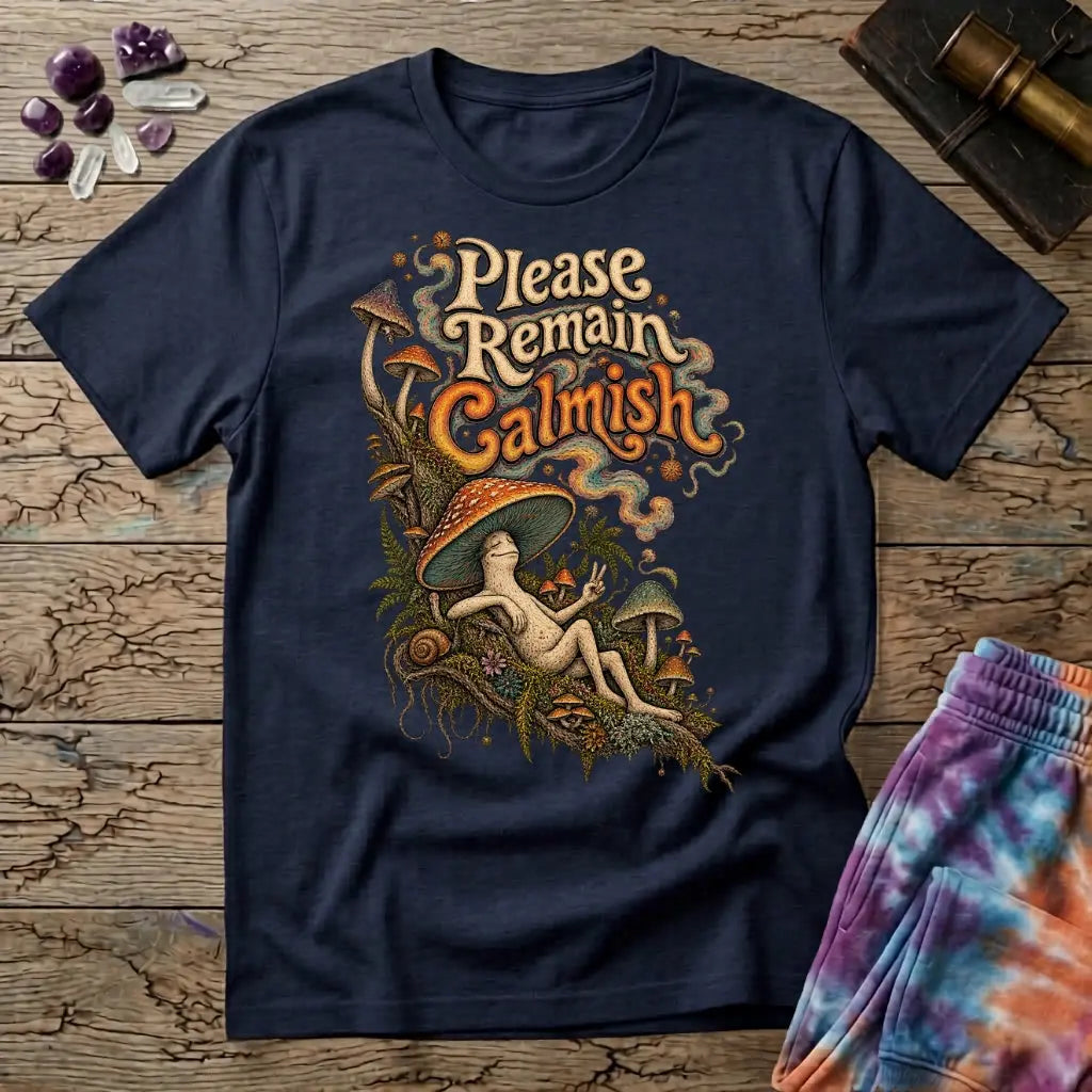 Please Remain Calmish retro lettering above a mushroom-capped character throwing a peace sign, on a Navy unisex t-shirt