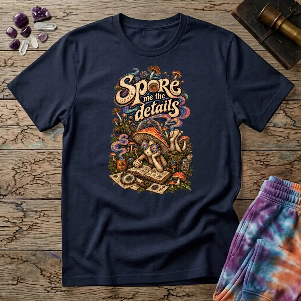 Spore Me the Details lettering above a mushroom character taking notes over spore prints, on a Navy unisex t-shirt