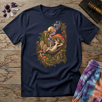 Mushroom character in round rainbow sunglasses relaxing in a hammock under a pine-lined moon, on a Navy unisex t-shirt