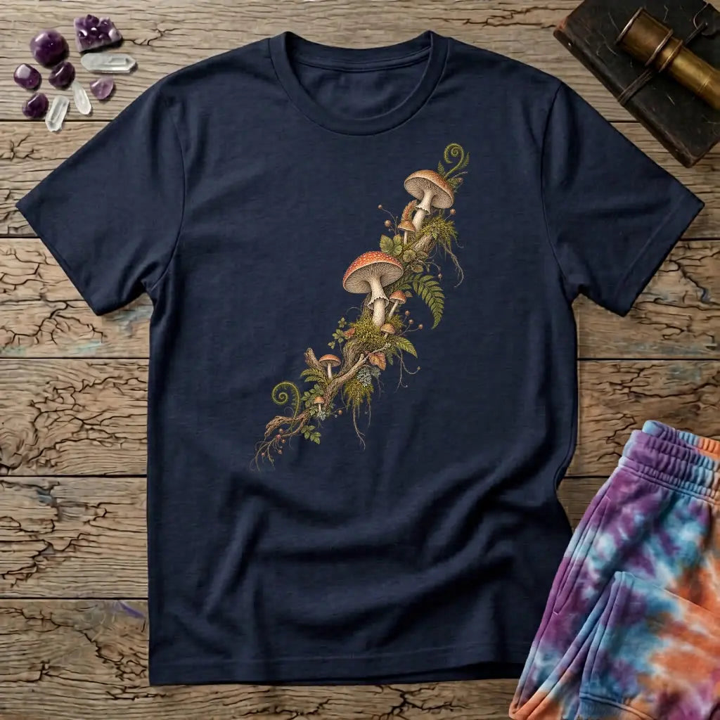 Amanita and moss climbing a branch on the diagonal, a botanical specimen study, on a Navy unisex t-shirt