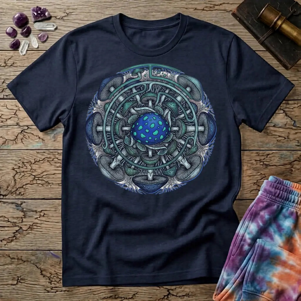 Circular blue and teal mushroom mandala ringed with mycelium threads, on a Navy unisex t-shirt